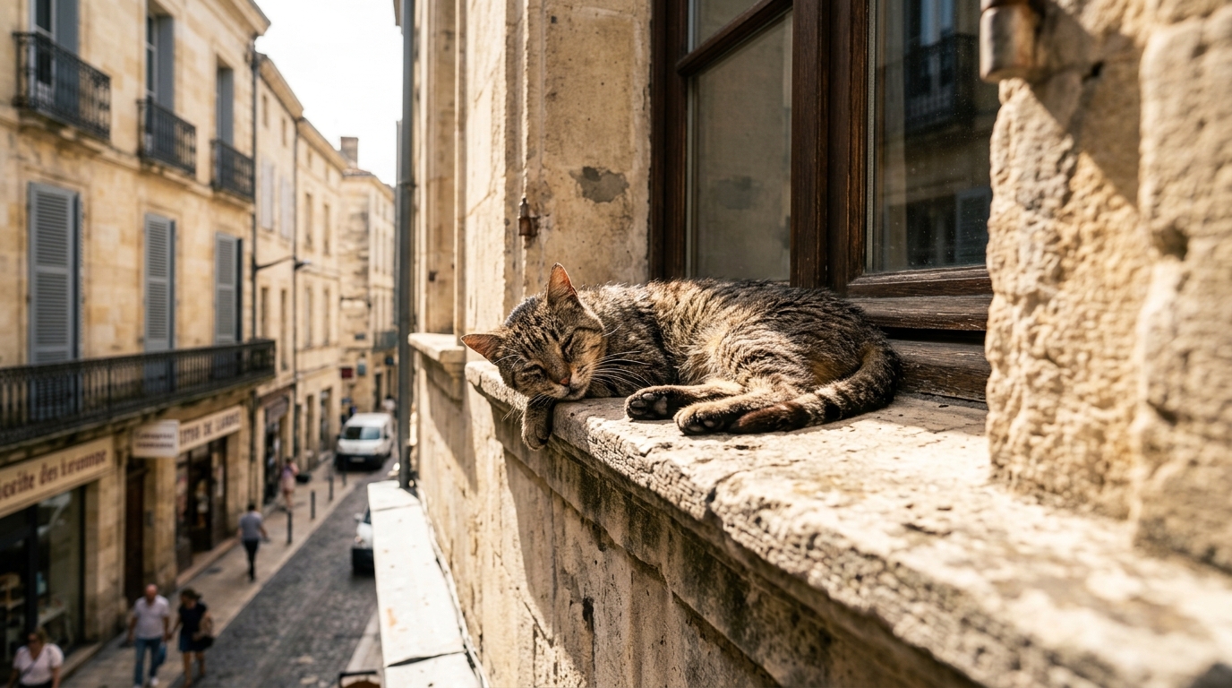 Un chat coincé sur un rebord de fenêtre en plein soleil à Agen