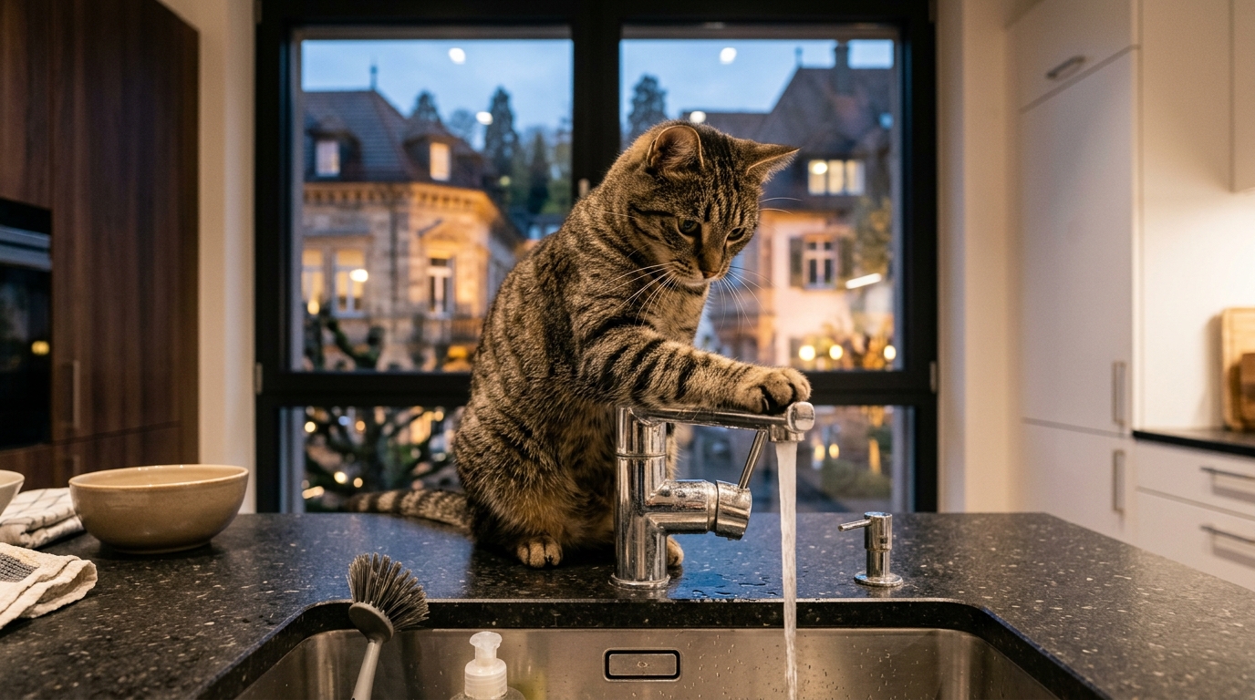 Un chat tigre pose sa patte sur un robinet de cuisine moderne à Baden-Baden.