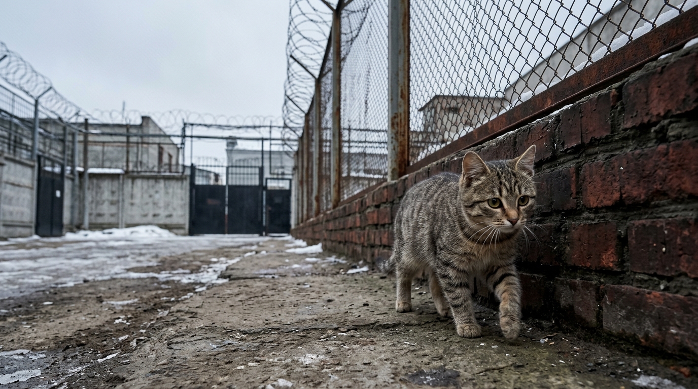 Un chat errant marchant près du grillage d'une prison en Russie