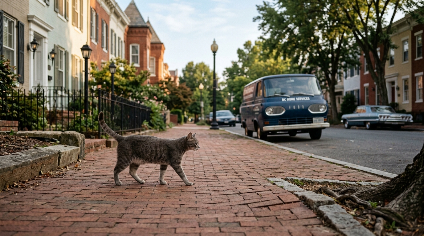 Un chat gris déambulant dans une rue de Washington dans les années 1960
