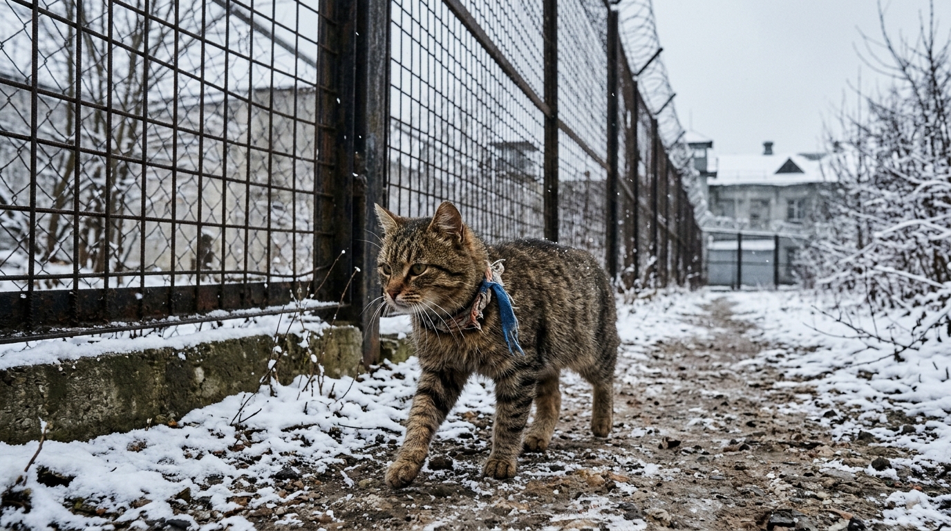 Un chat errant portant deux colliers artisanaux près des clôtures d'une prison.