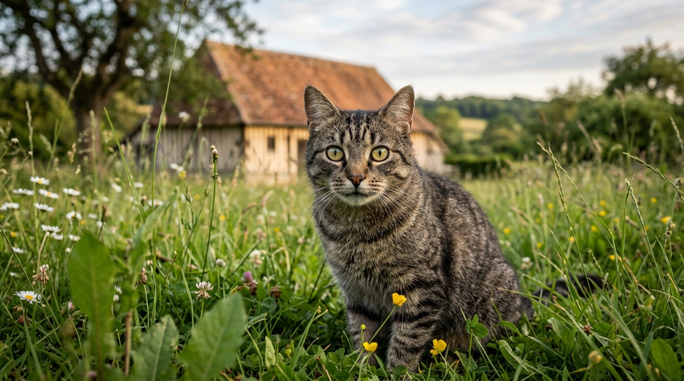 Un chat gris au regard inquiétant assis dans l'herbe d'un jardin normand.