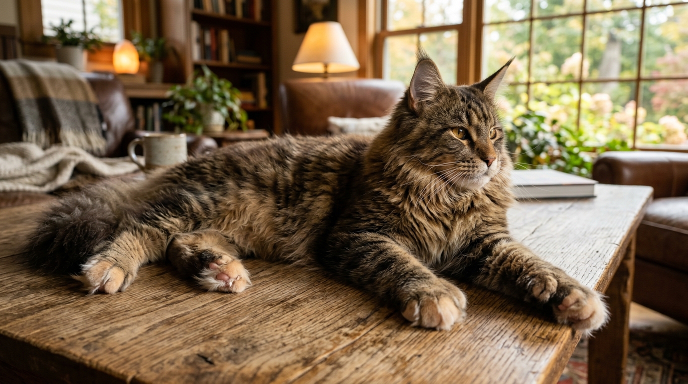 Un chat Maine Coon aux très grandes pattes pose fièrement sur une table en bois.