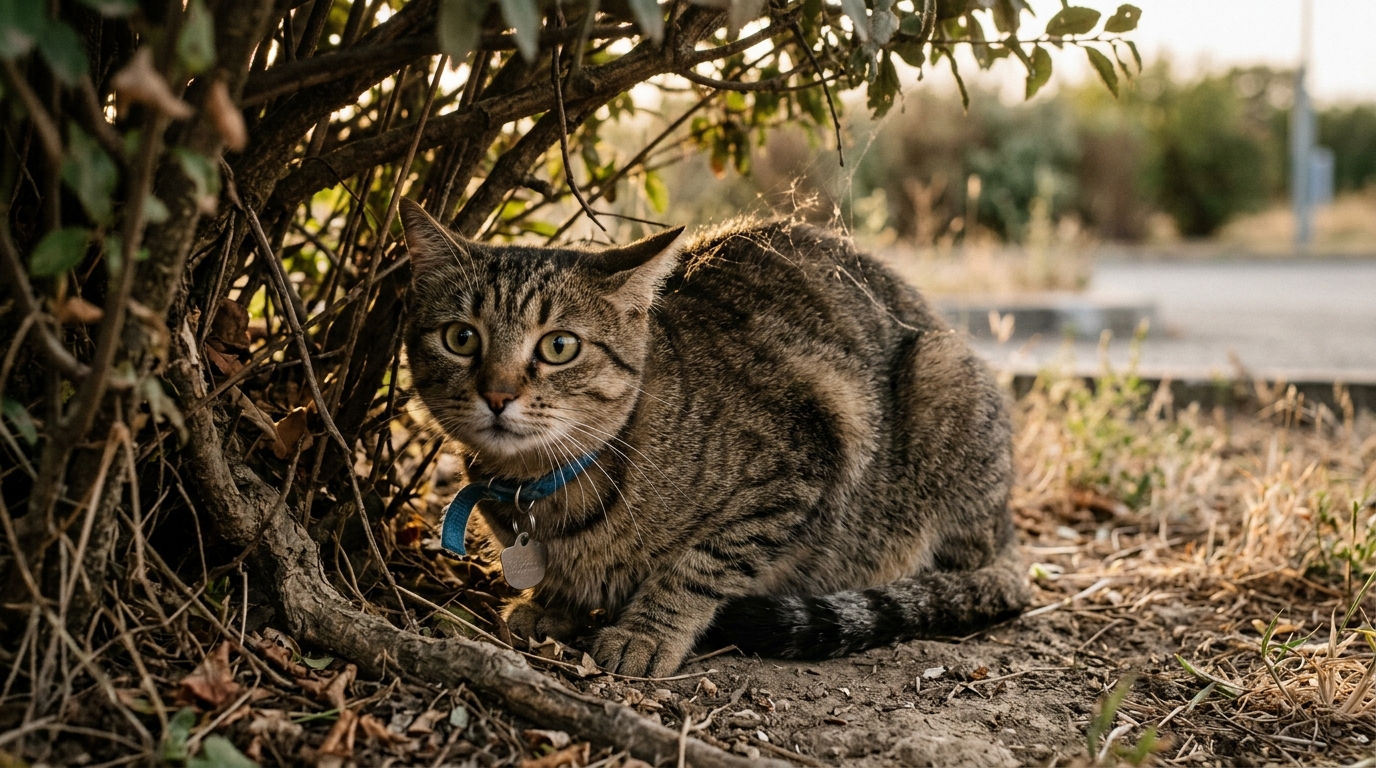 Un chat domestique apeuré se cachant sous un buisson au bord de la route.