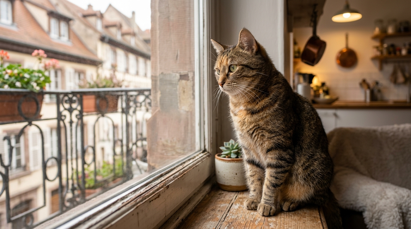 Un chat tigré regarde tristement à travers une fenêtre d'appartement à Strasbourg.