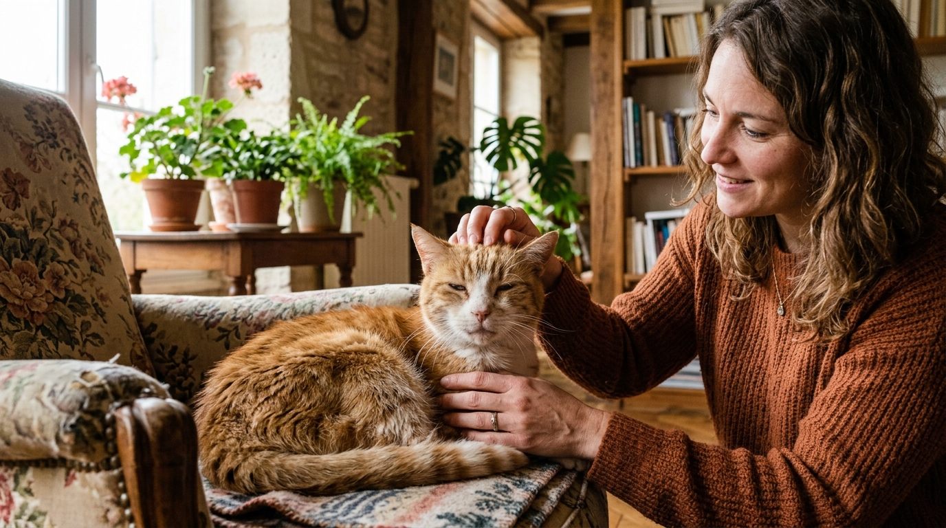 Un vieux chat tabby réconforté par sa maîtresse dans un salon chaleureux.