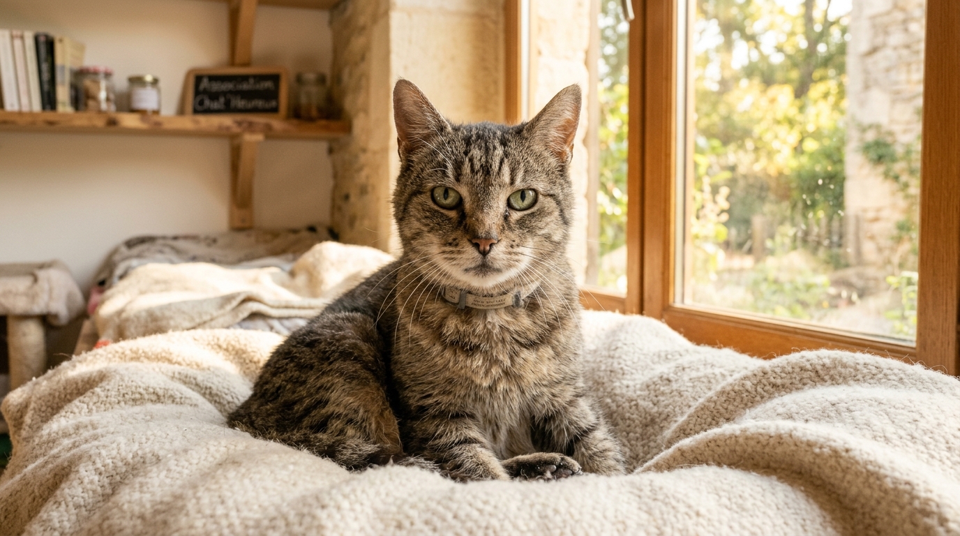 Un vieux chat tabby assis sereinement dans un refuge en Gironde