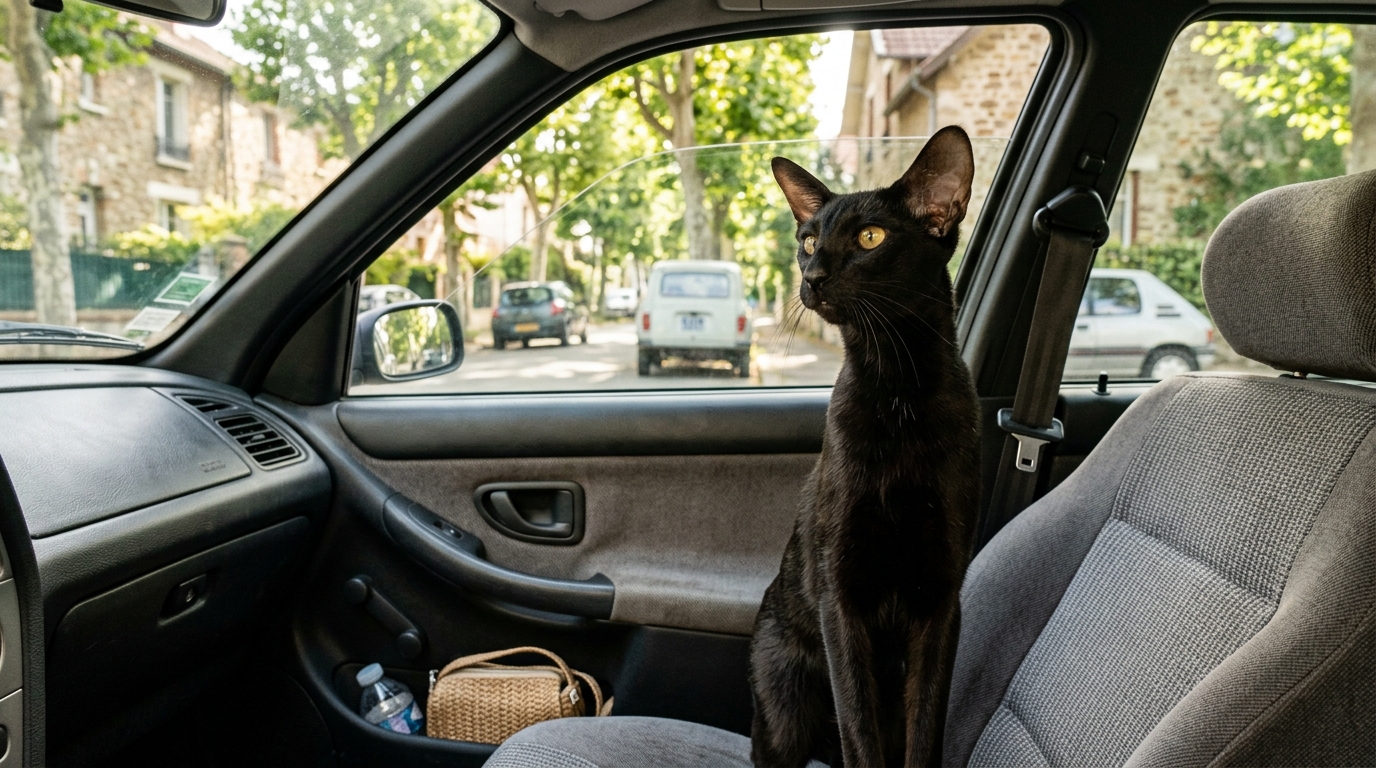 Un chat noir aux grandes oreilles regarde curieusement par la fenêtre d'une voiture
