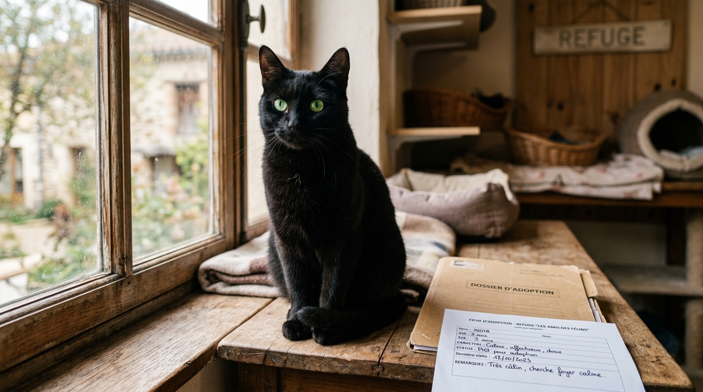 Un chat noir aux yeux verts posé doucement près d'un dossier d'adoption dans un refuge.