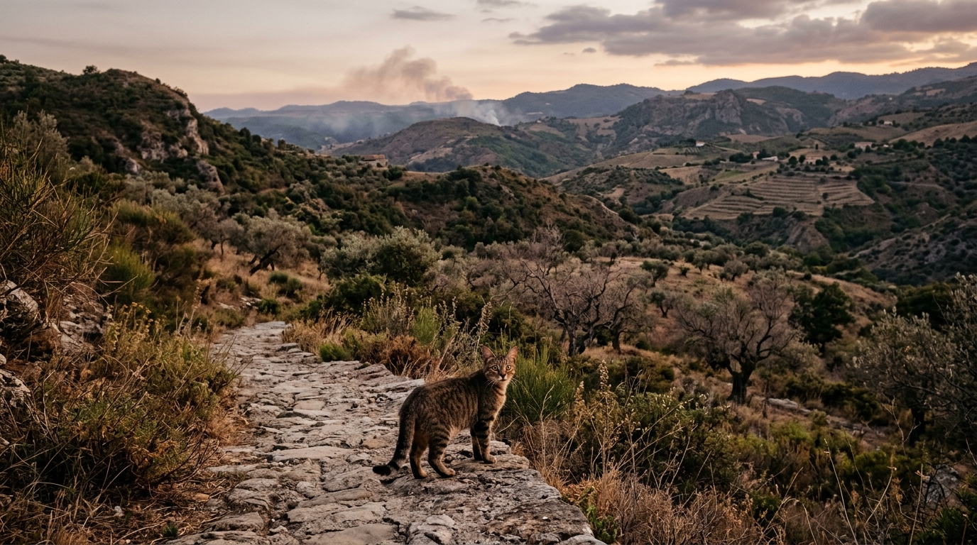 Un chat observant une colline méditerranéenne sous un ciel voilé par la fumée.