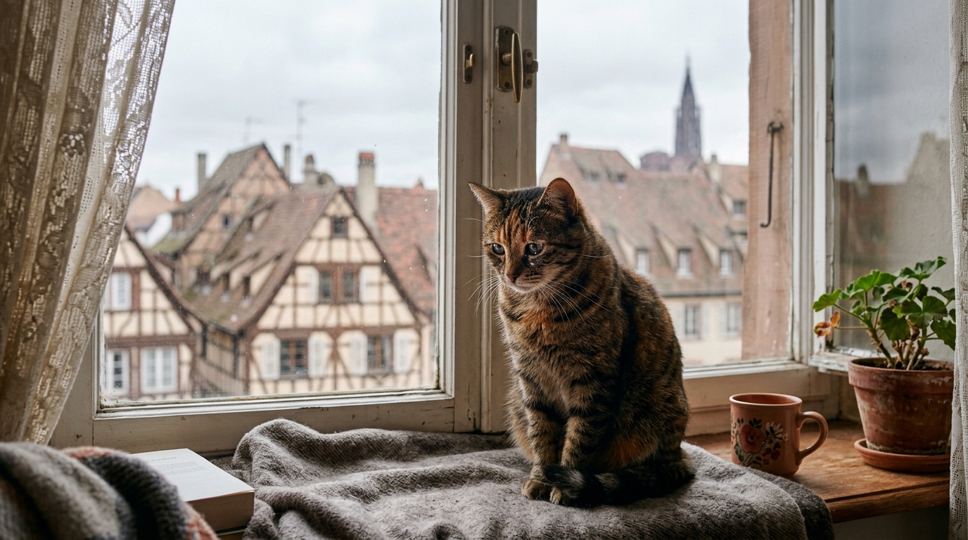 Un chat tigré assis près d'une fenêtre dans un appartement à Strasbourg
