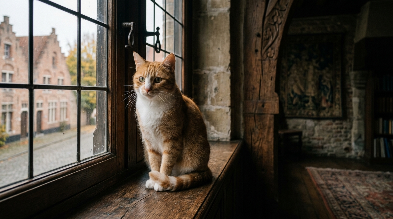 Un chat domestique assis près d'une fenêtre dans une pièce calme d'un centre d'accueil.