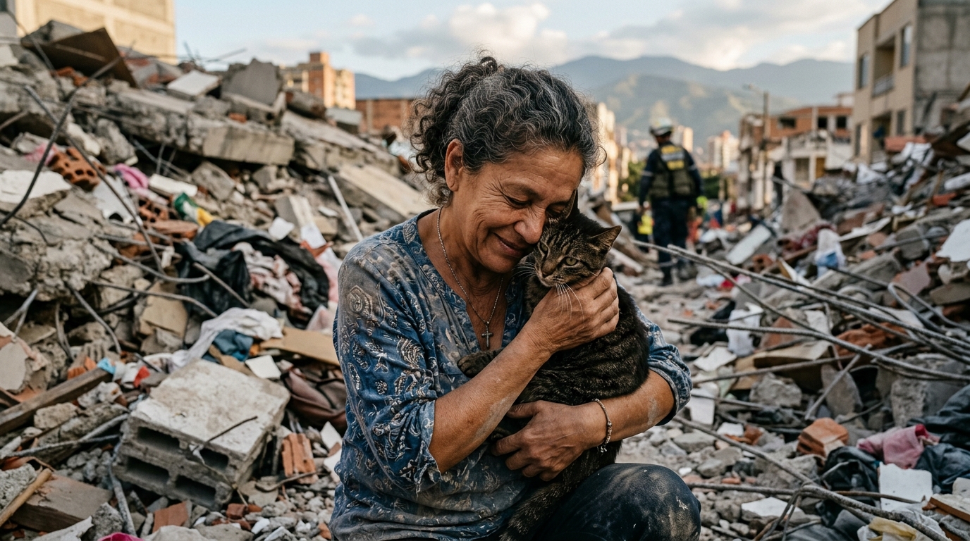Une femme étreint son chat retrouvé vivant dans les décombres à Cali en Colombie.