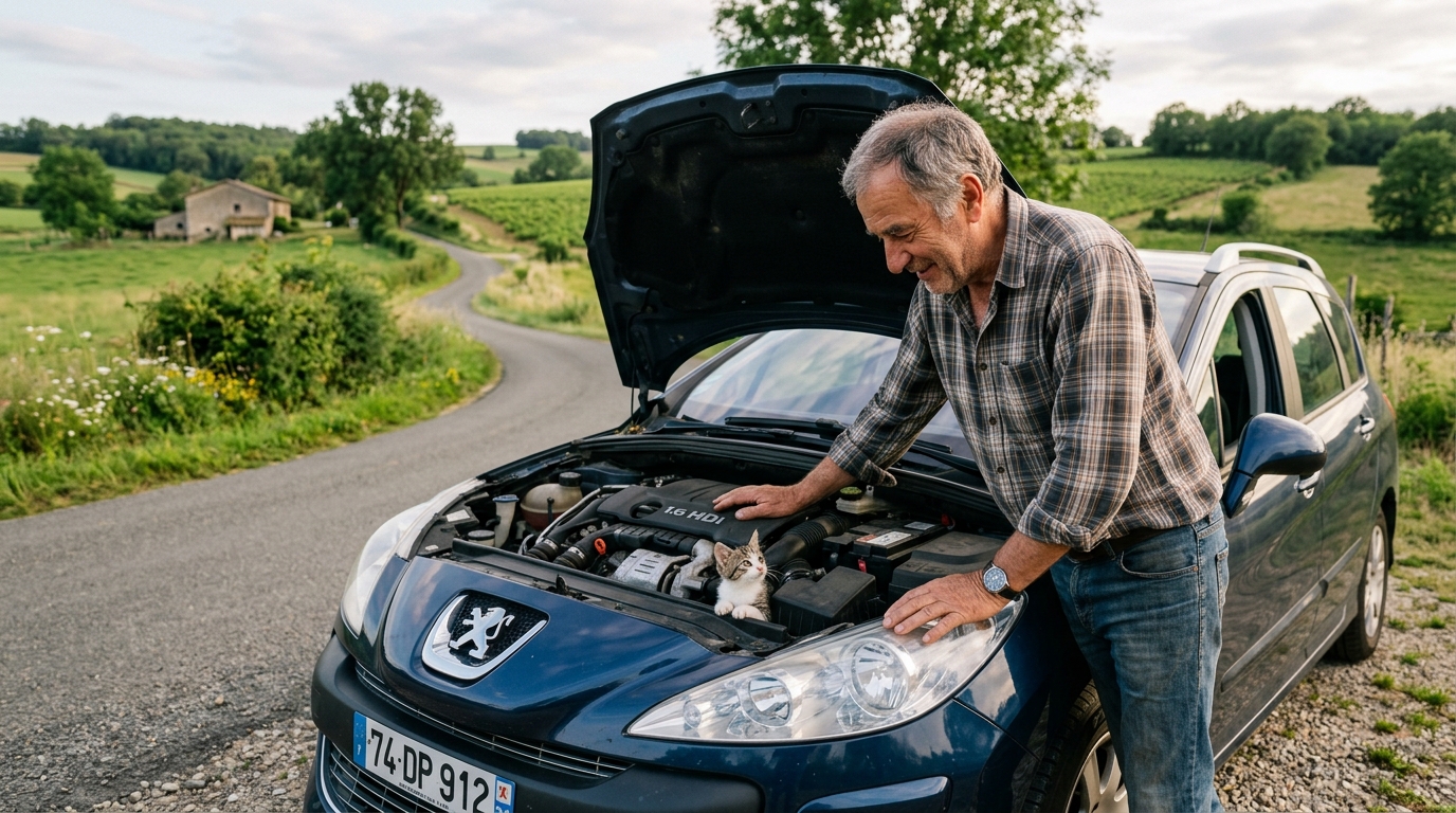 Un jeune chat sort la tête du moteur d'une voiture au bord d'une route en France.
