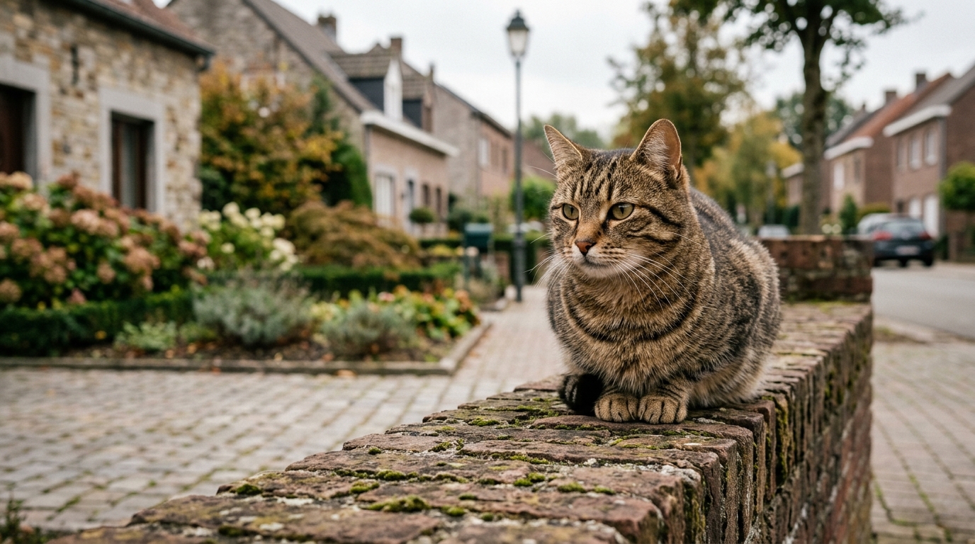 Un petit chat tigré regarde prudemment depuis le bord d'une clôture en bois.