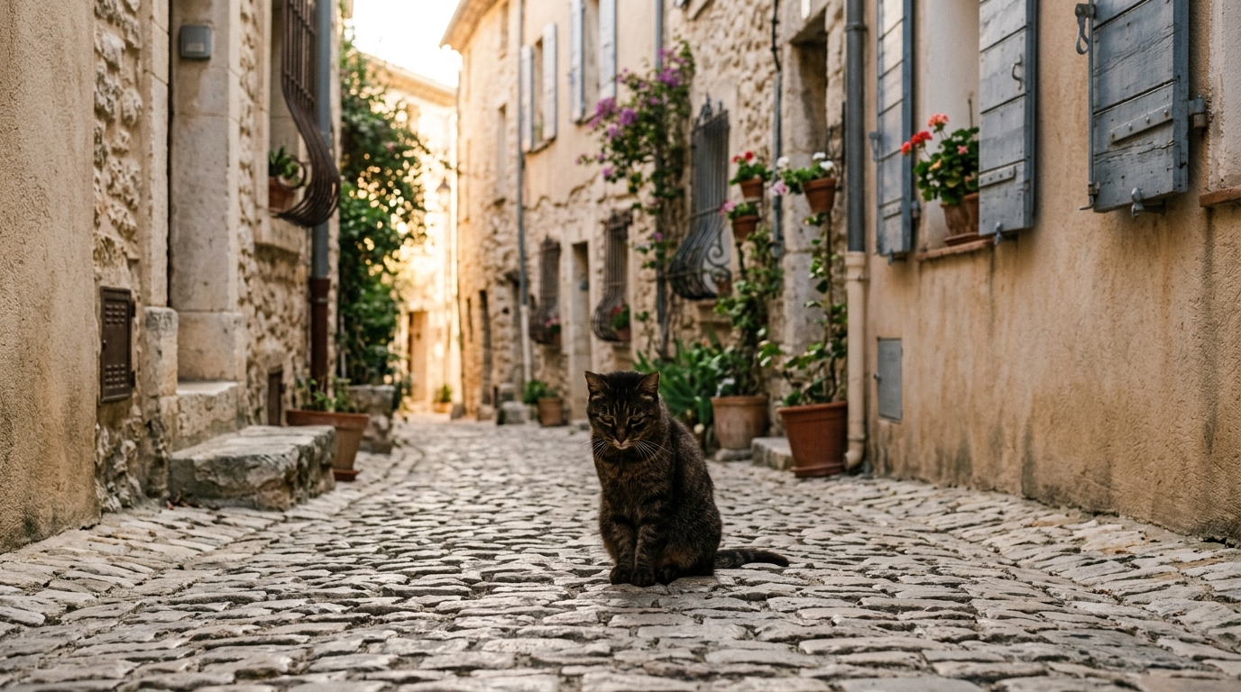 Un petit chat domestique assis seul dans une ruelle calme en France.