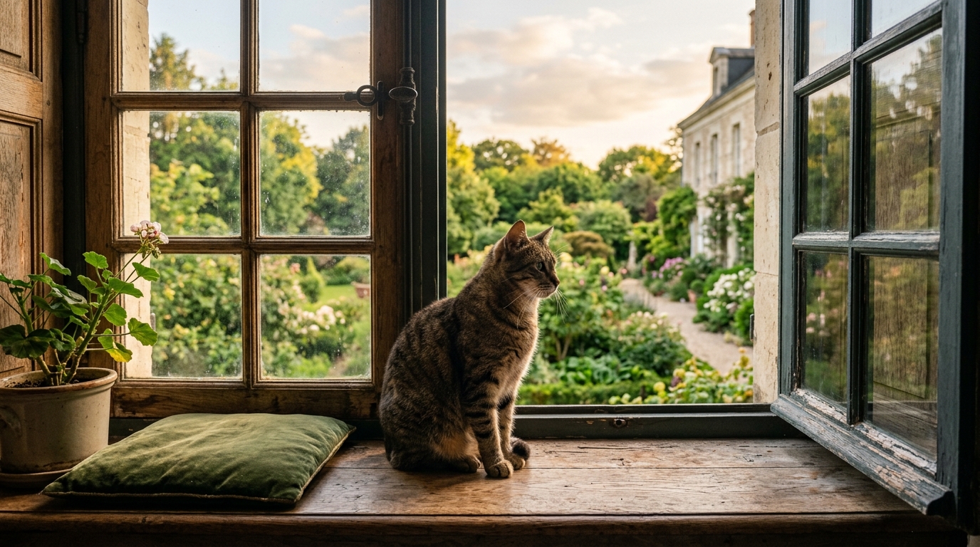Un chat tigré à trois pattes assis près d'une fenêtre ancienne dans un domaine en France