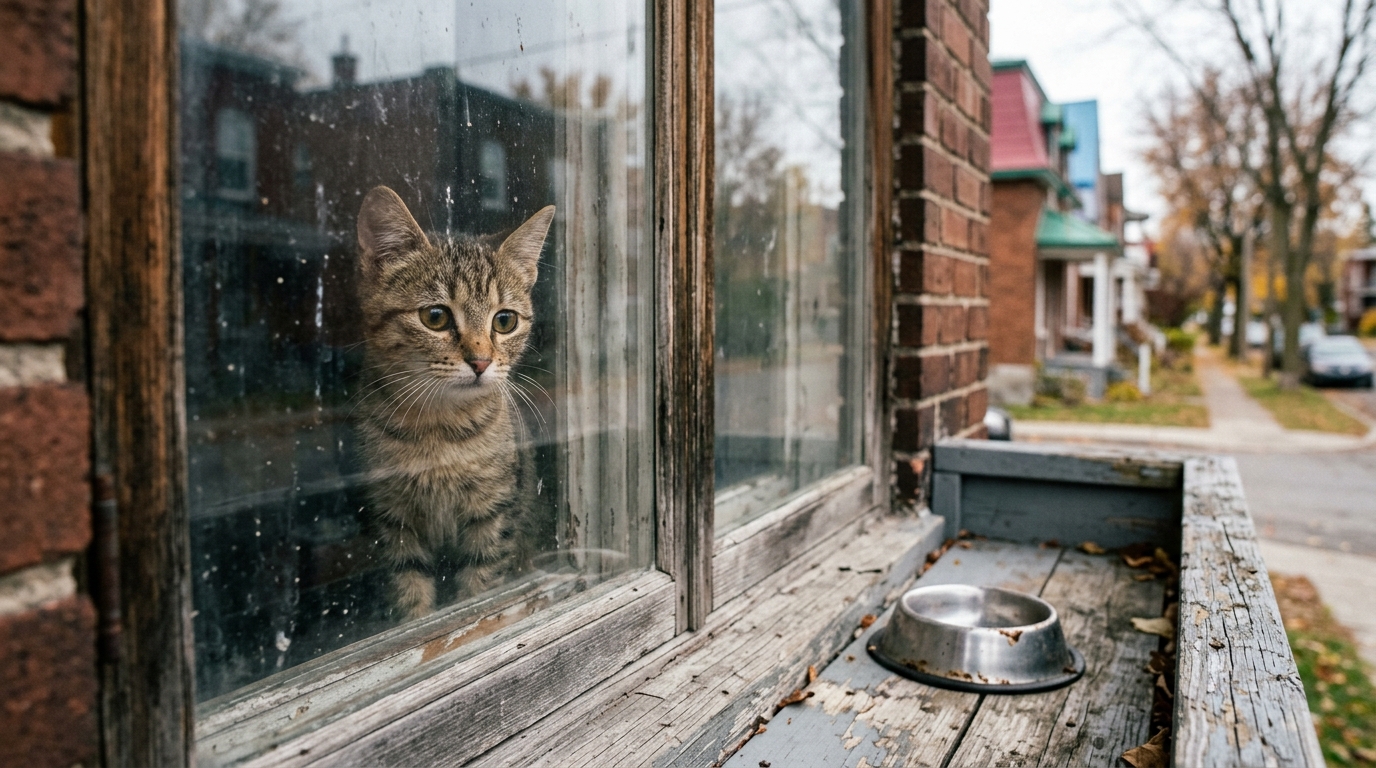 Plusieurs chats affaiblis observés à travers la fenêtre d'un logement