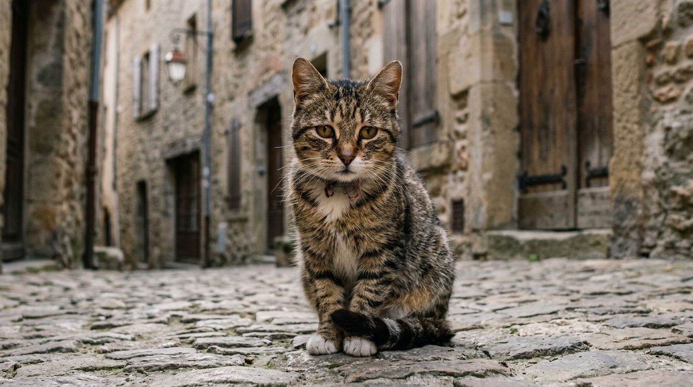 Un chat tigré au regard triste dans une ruelle de Carcassonne