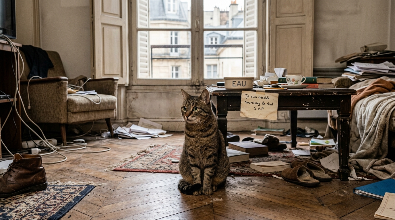 Un chat apeuré assis sur le sol d'un appartement encombré et négligé