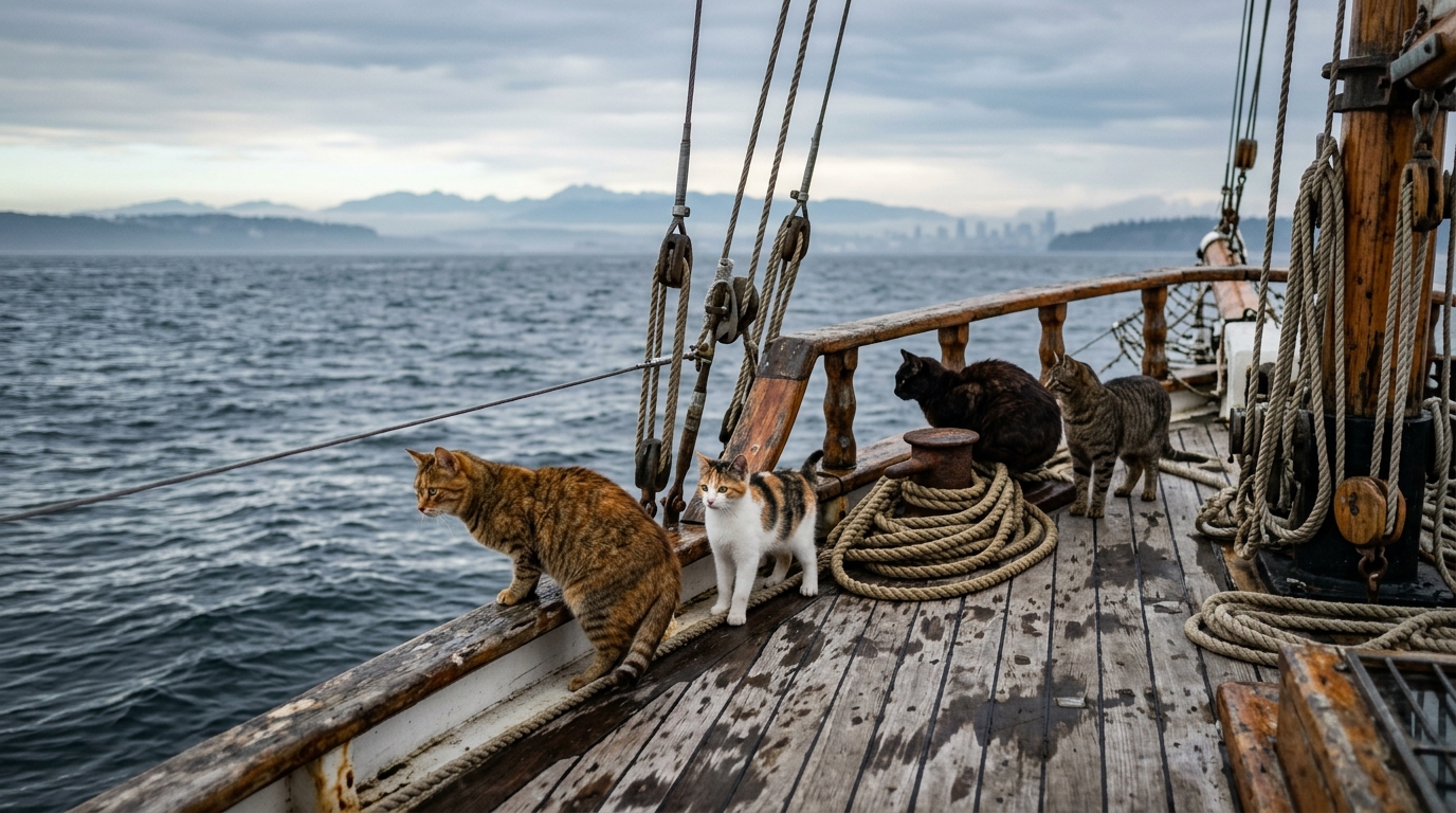 Plusieurs chats apeurés sur le pont d'un bateau en mer