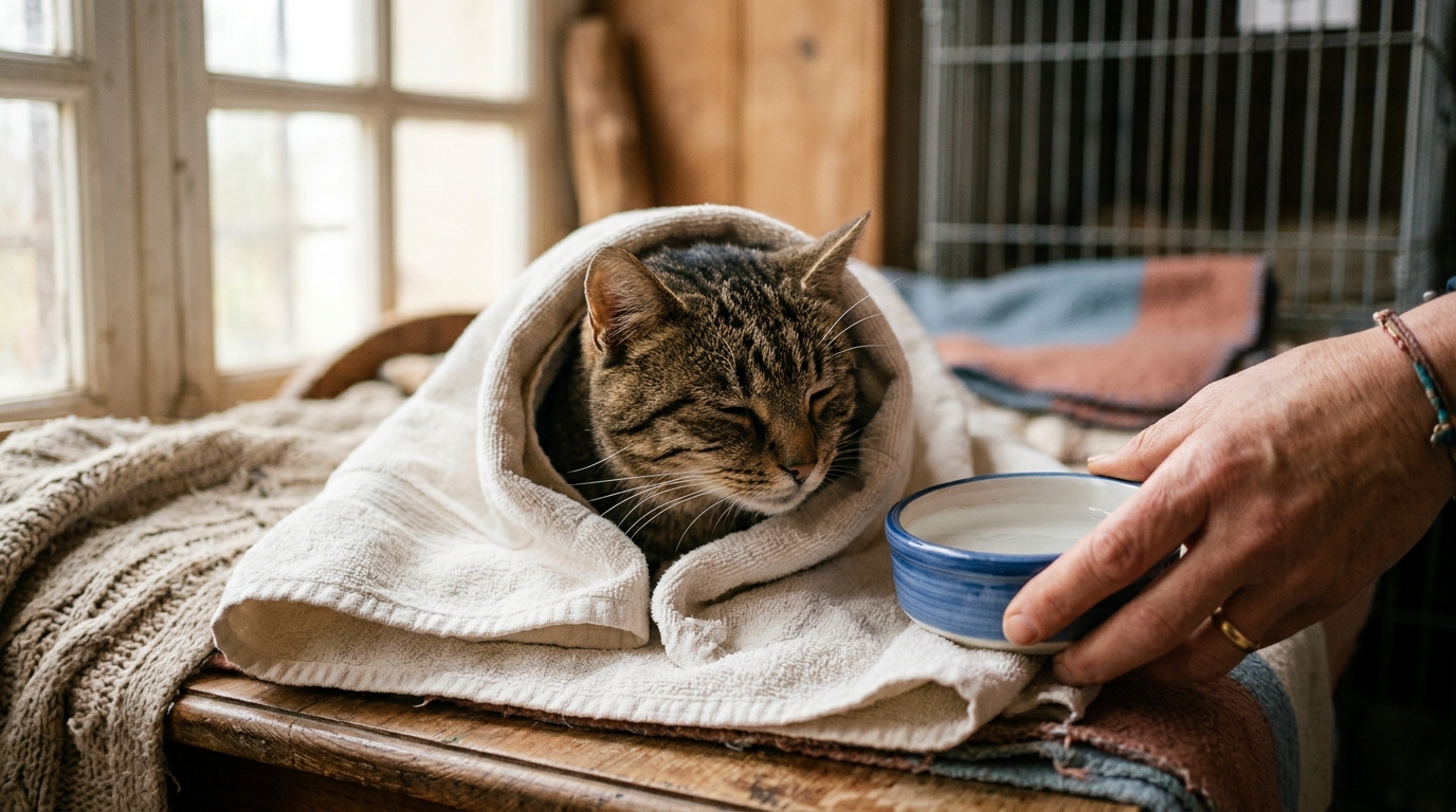 Un chat tigré aux yeux apeurés mais curieux enveloppé dans une couverture