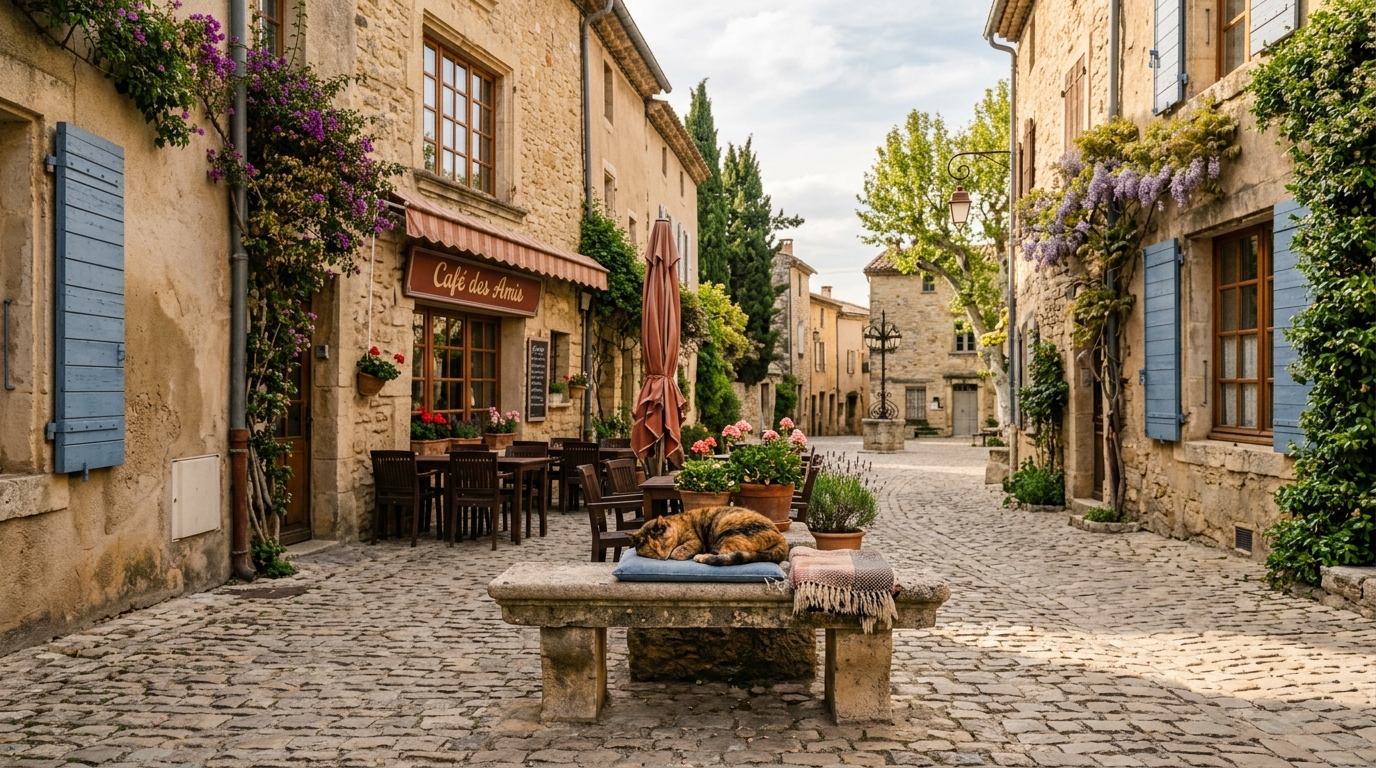 Un chat écaille de tortue assis paisiblement dans une rue pavée en Provence.
