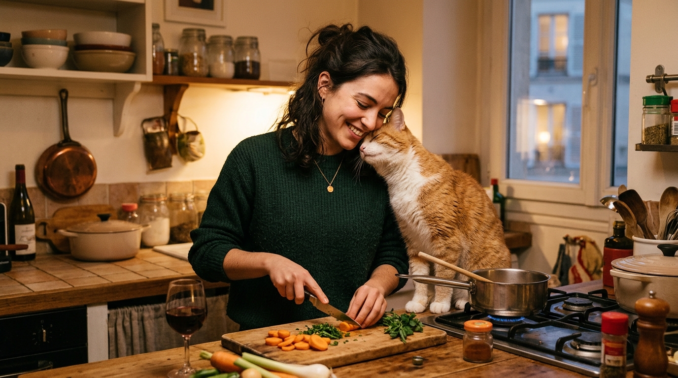 Une chatte rousse et blanche blottie tendrement contre le cou de sa maîtresse dans une cuisine.