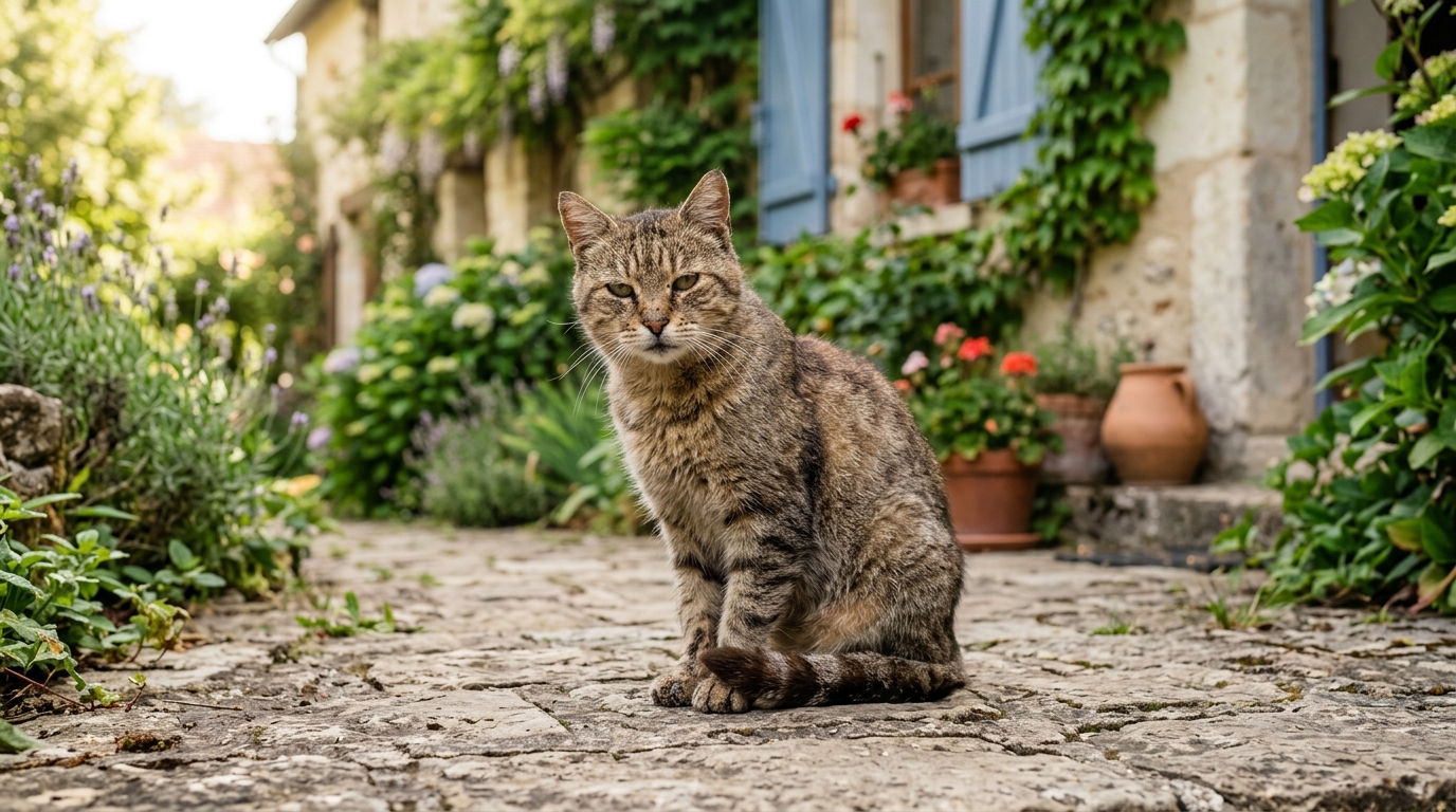Une chatte tigrée assise dans une cour verdoyante, l air fatigué mais apaisé