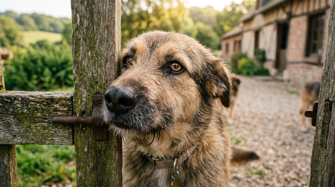 Un chien au regard touchant derrière la grille d'un refuge en Normandie.