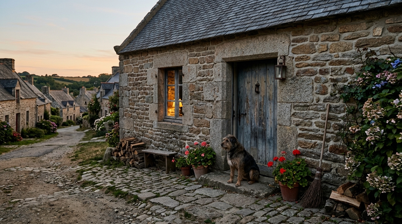 Un chien fidele assis pres d'un corps de ferme traditionnel en Bretagne dans les annees 1960