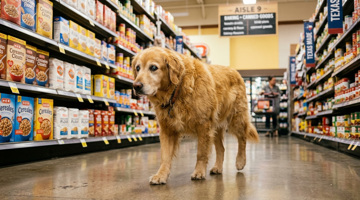 Chien aveugle amical déambulant doucement entre les rayons d'un supermarché.