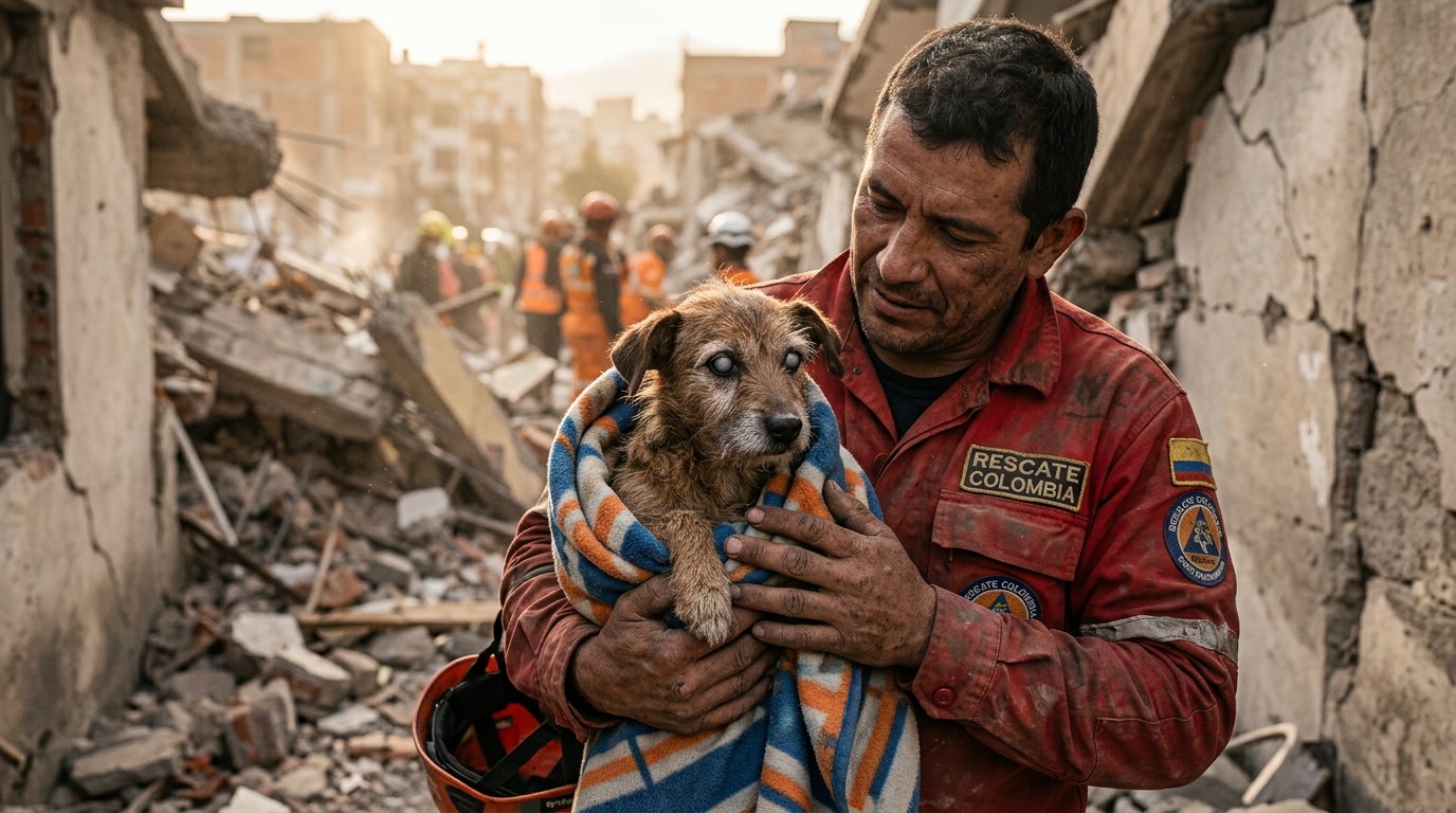 Un petit chien âgé réconforté chaleureusement après avoir été secouru des décombres.