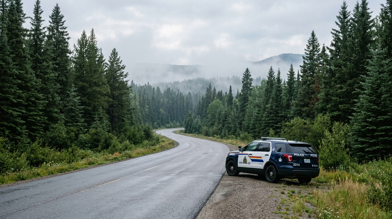 Une route de campagne bordée d'arbres lors d'une intervention policière pour un chien blessé