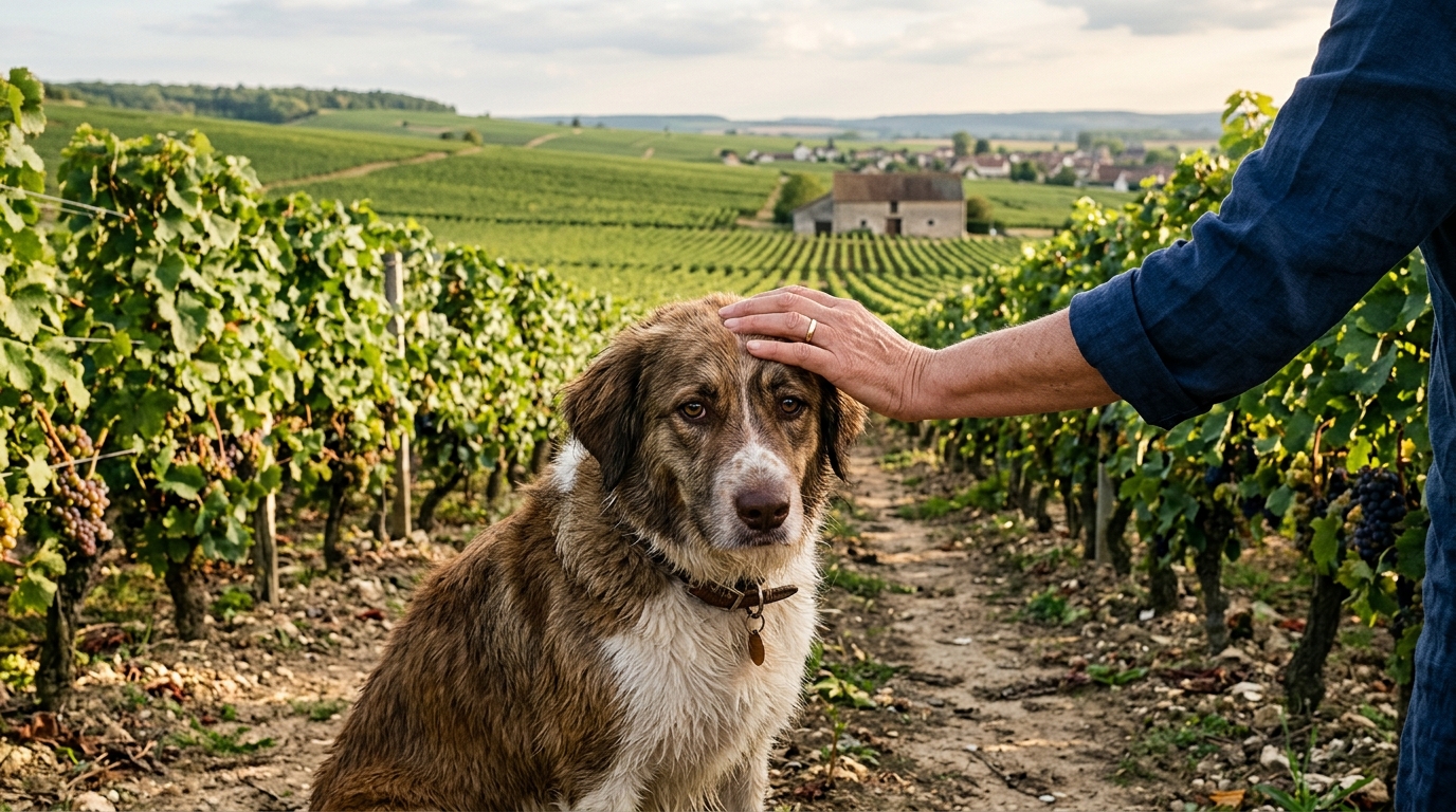 Un chien triste assis à côté de sa maîtresse sur un chemin de vignes en France.