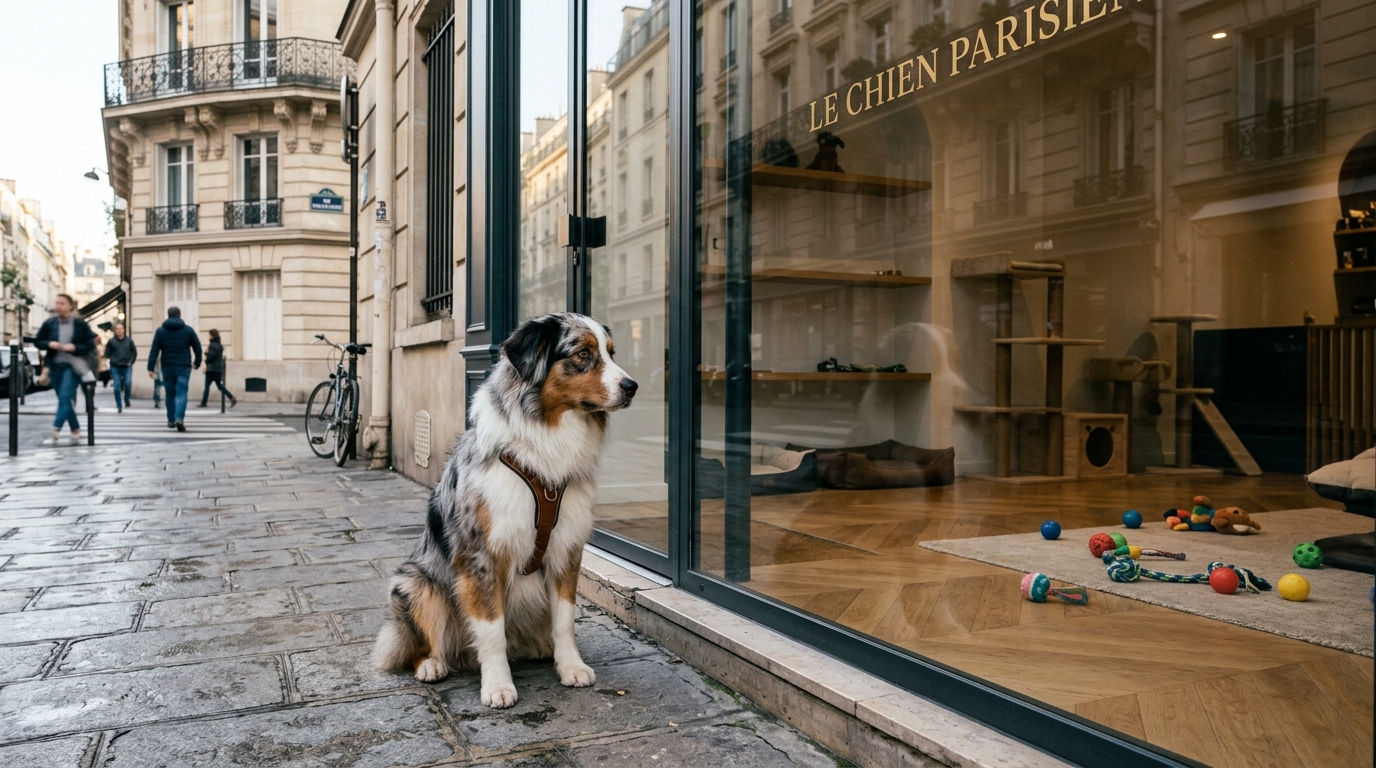 Un berger australien assis devant la vitrine d'un club canin parisien.