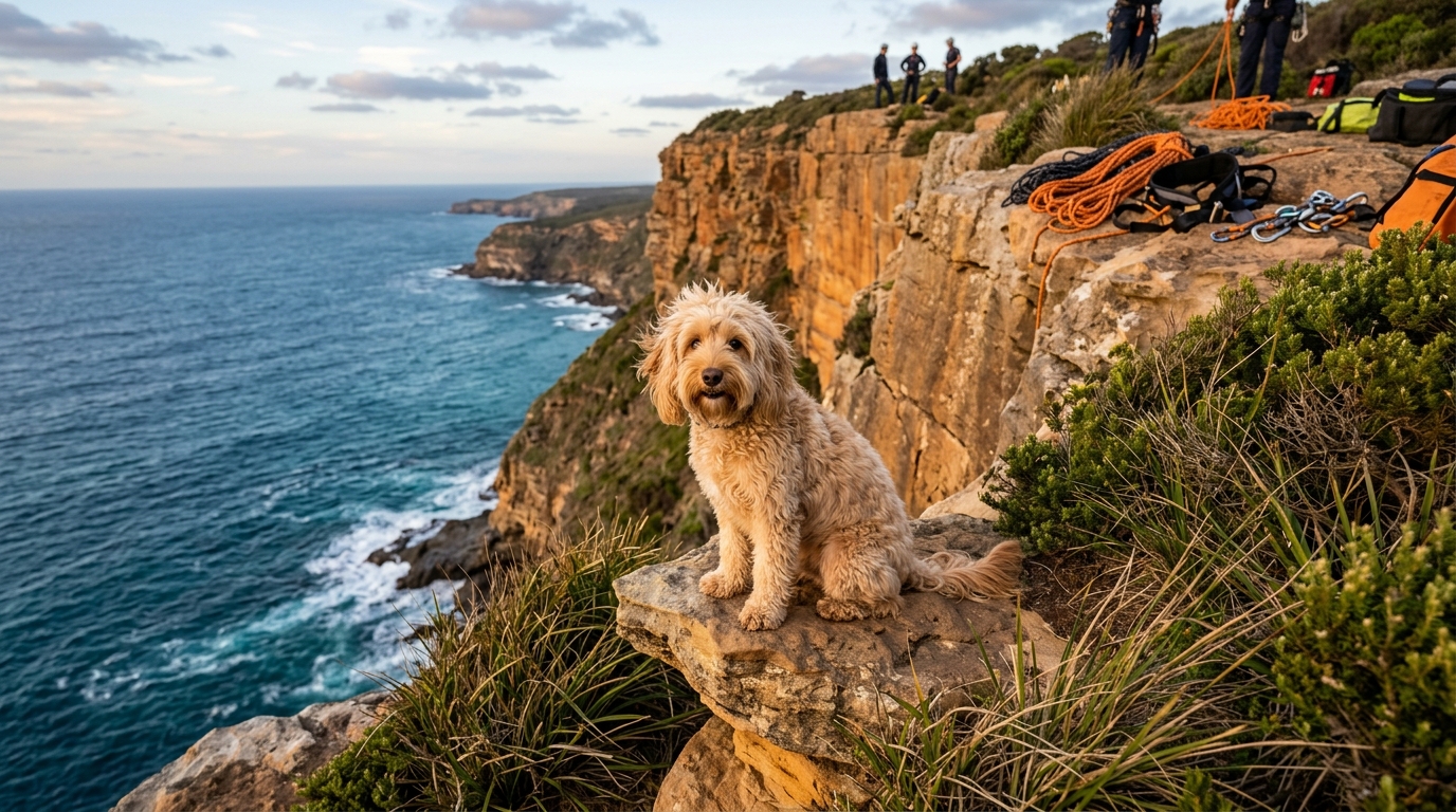 Un chien cockapoo assis sur un rocher escarpé au bord d'une falaise en Australie.