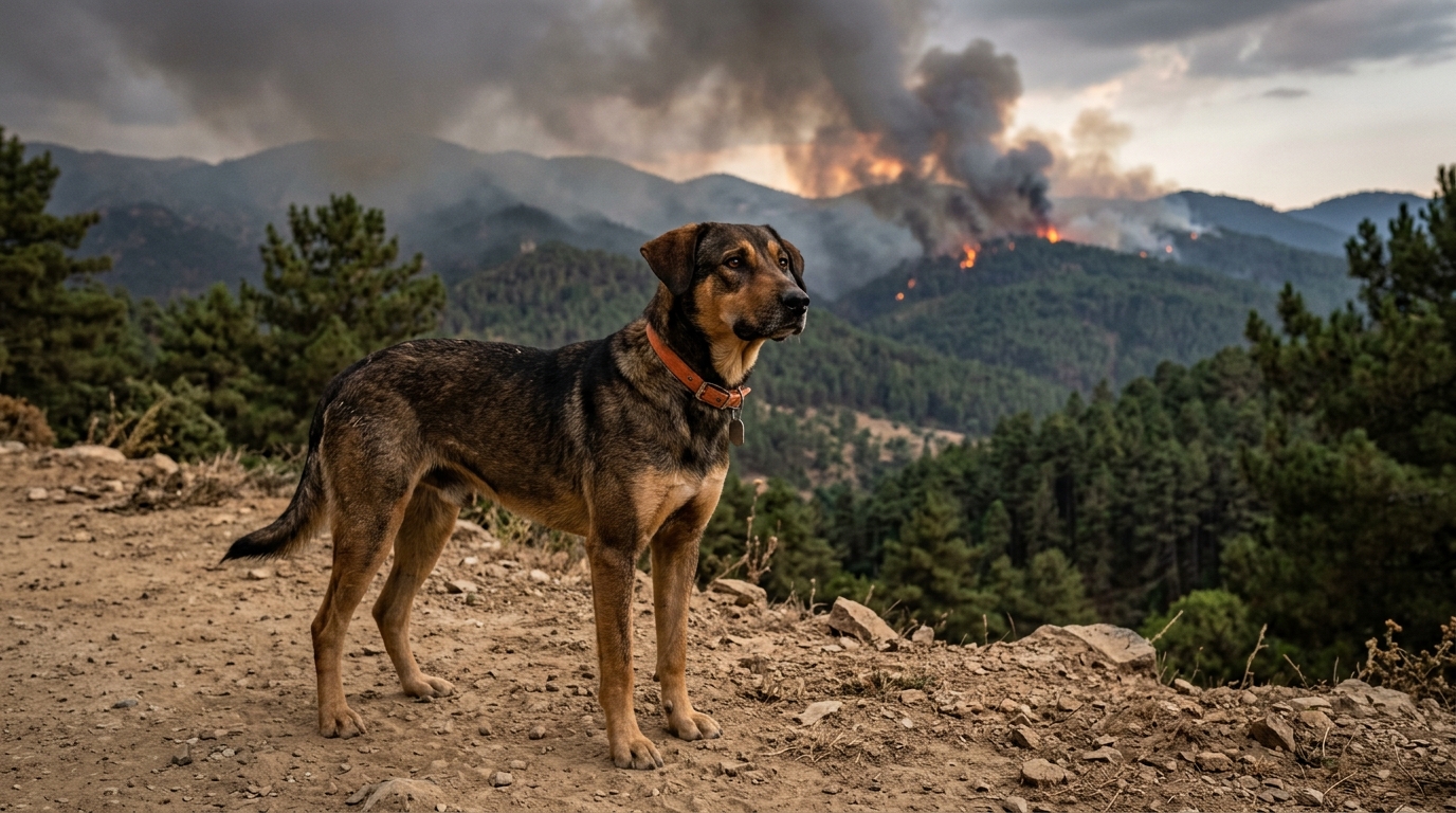 Un chien grattant la terre près d'un feu de forêt dans les montagnes algériennes