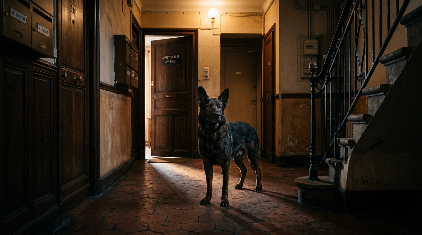 Un chien fidèle attend devant une porte d'entrée dans le couloir d'un immeuble à Grenoble.