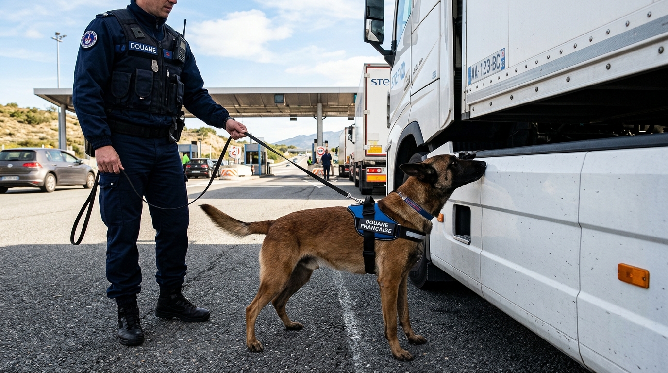 Un chien des douanes françaises renifle le flanc d'un camion frigorifique au péage.