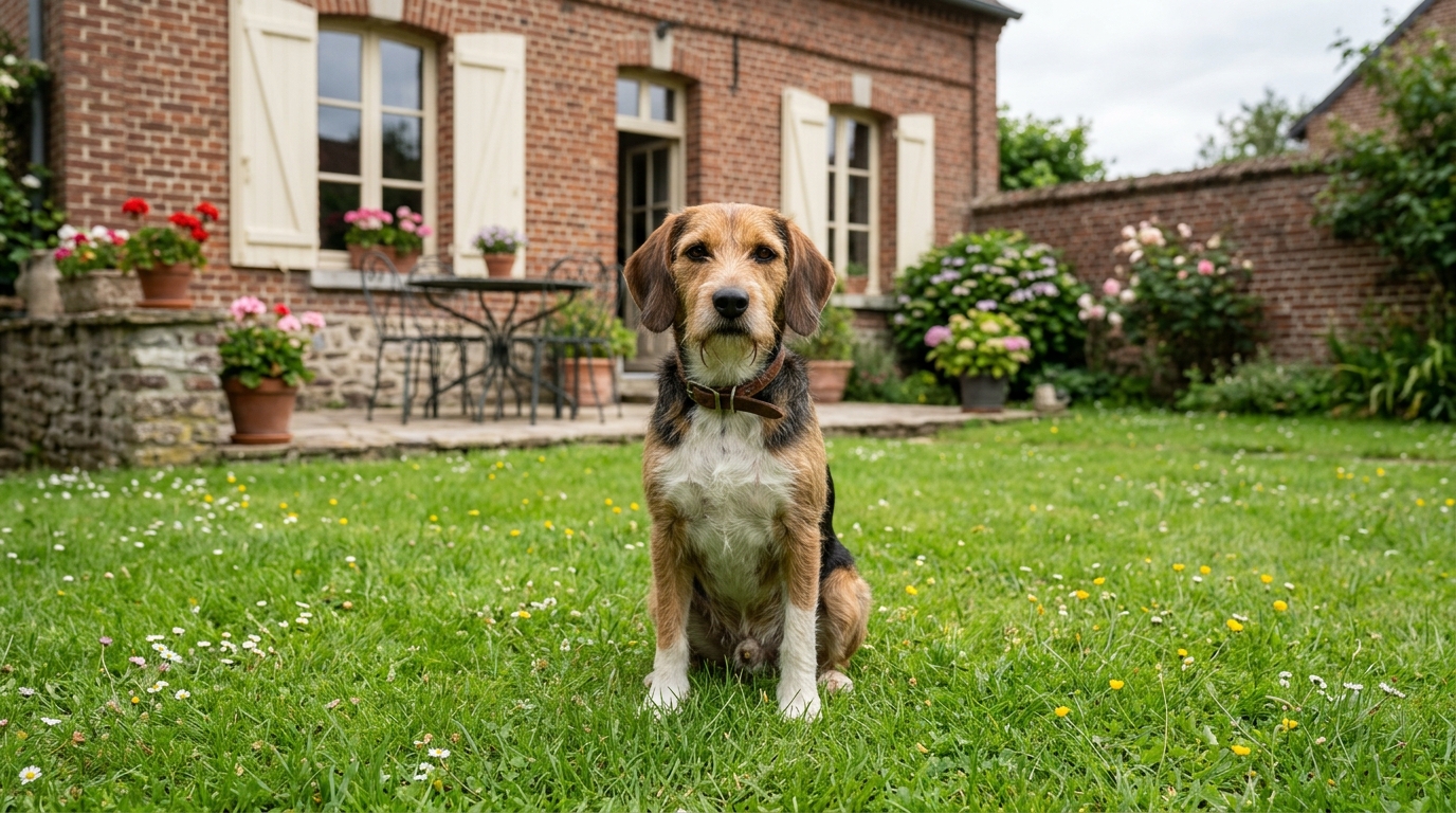 Un chien assis dans un jardin de campagne verdoyant dans le Nord de la France