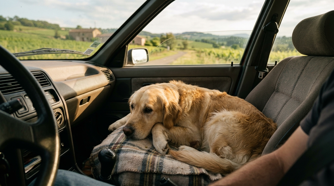 Chien allongé tristement sur le siège passager d'une voiture en France