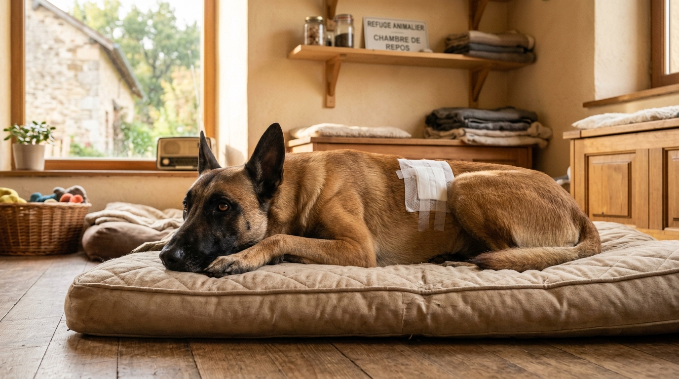 Un chien malinois en convalescence dans un refuge après avoir été sauvé