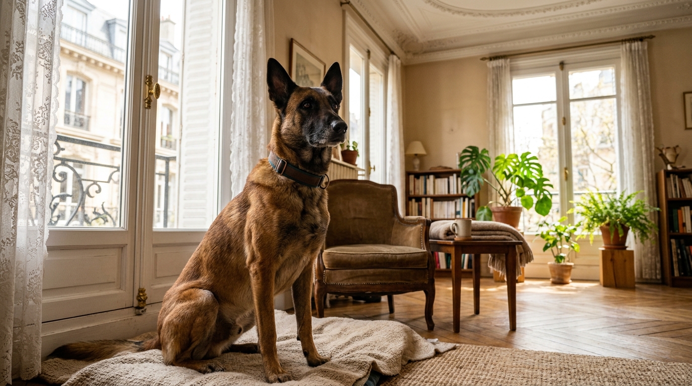 Un chien Malinois assis sereinement dans un appartement chaleureux