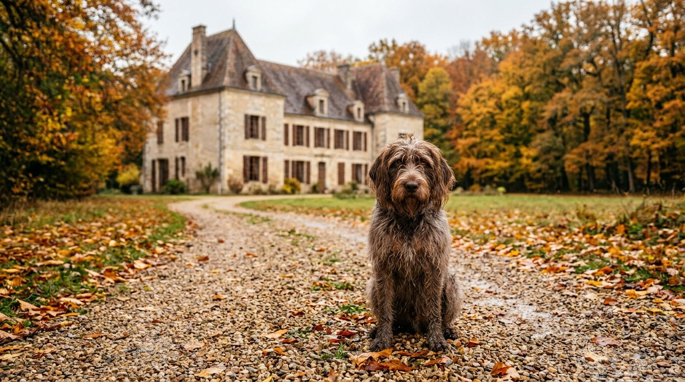 Un chien assis tristement sur une allée en gravier devant un domaine français.