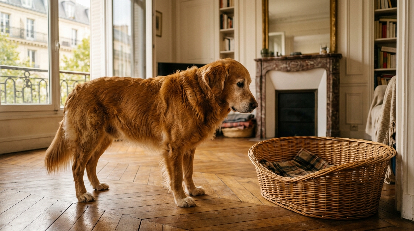 Un chien regarde fixement un panier pour chien vide dans un salon lumineux.