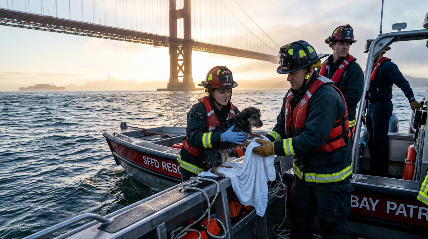 Des pompiers secourent un chien épuisé dans l'eau de la baie de San Francisco.