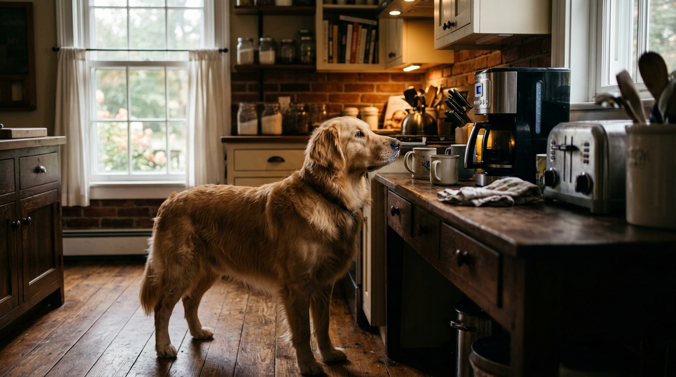 Un chien curieux posant ses pattes près d'un plan de travail dans une cuisine