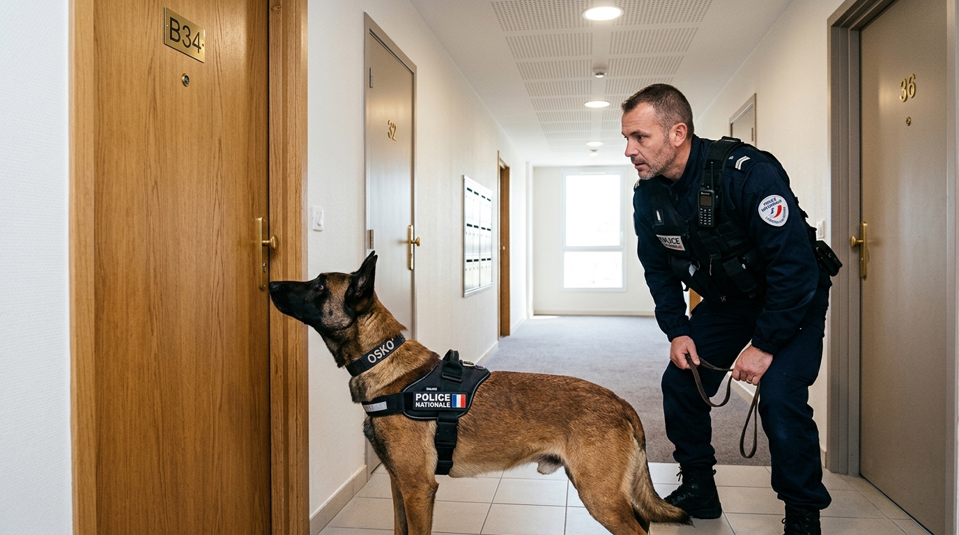 Un chien policier berger malinois en détection devant la porte d'un appartement en France