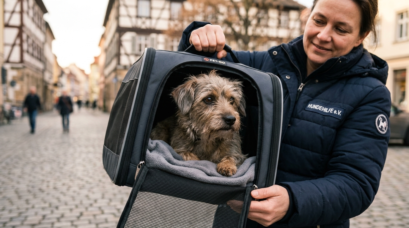 Un petit chien apeuré regarde à travers les grilles d'une caisse de transport sécurisée.